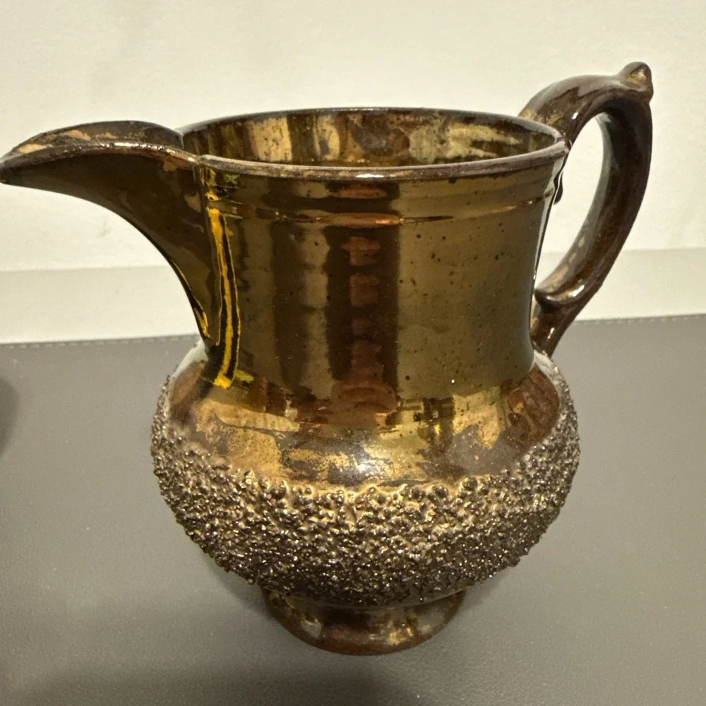Staffordshire English Copper Luster Pitcher 19th Century Sand Band Antique